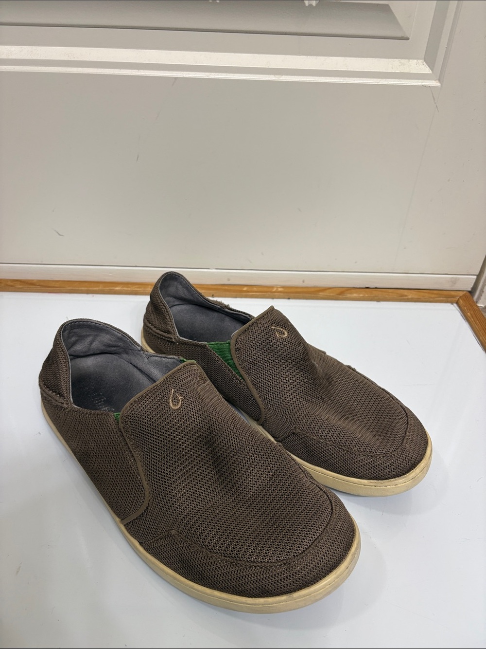 OluKai Brown Slip-On Mesh Loafers with Green Accent